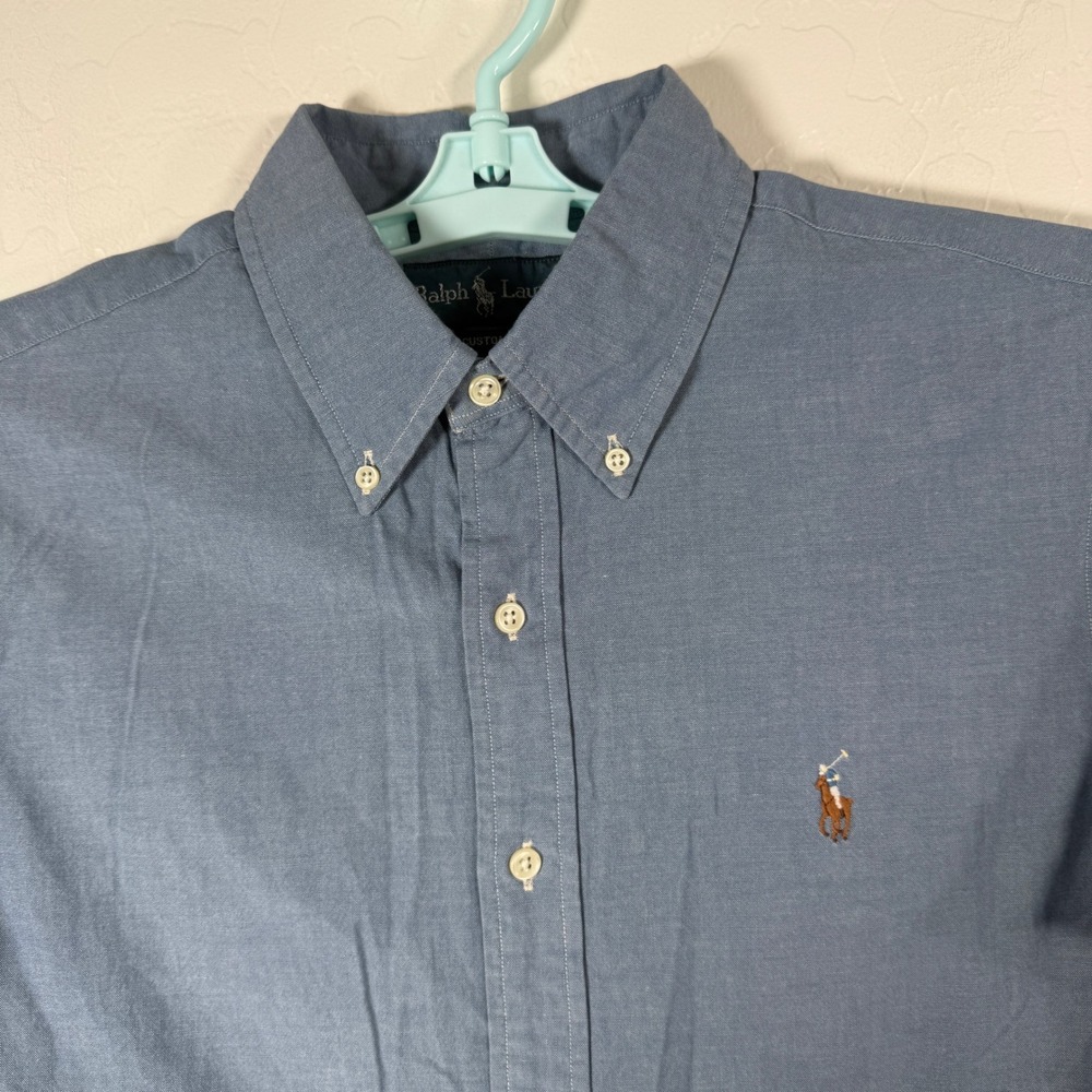 Ralph Lauren Shirt Mens M Blue Short Sleeve Custom Fit Oxford Pony Chambray